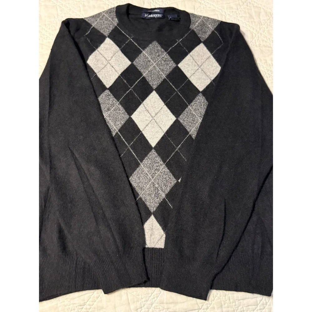 Davis & Squire Mens 100% Cashmere Argyle Crewneck Sweater Black Grey XL
